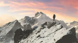 3D rendered scene of a hiker overlooking animated rocky mountain peaks with a dynamic sky, modeled in Blender.