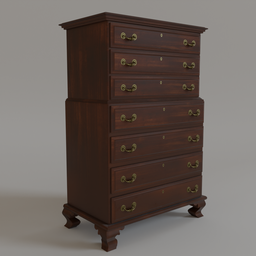 Detailed 3D model of an antique walnut dresser with brass handles, suitable for Blender close-up rendering.