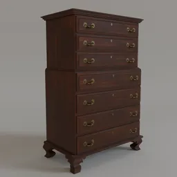 "Antique Dresser 3D Model for Blender 3D - Early 20th Century Chest of Drawers with a Dark Walnut Finish and Brass Handles. Perfect for Period Scene Props and Close-up Shots. Detailed and High-quality asset inspired by Gladys Kathleen Bell."