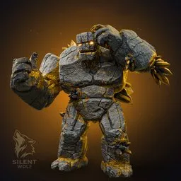 Gold Golem Warrior Rigged Animated