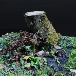 "Small tree trunk with moss and grass, ideal for Blender 3D environment elements. Photoscanned model with detailed textures and low polygon count for optimized performance."