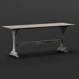 "Vintage table with wooden top and metal base, featuring wear off white paint. Perfect for post-industrial and neo-classical style interiors. 3D model for Blender 3D software."
