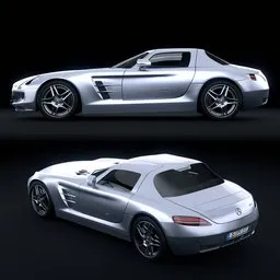 "Silver Mercedes-Benz SLS AMG 2011 3D model with 300000 faces and simple interior, suitable for cycles rendering in Blender 3D. Featuring sleek curves and shiny surface, great for automotive design enthusiasts. Don't forget to rate if you've used and enjoyed this model."