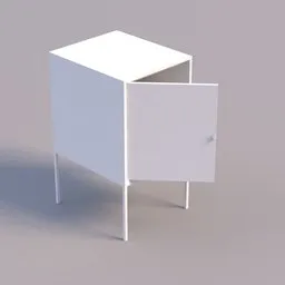 White geometric 3D model of a modern storage cabinet with an open door, rendered in Blender.