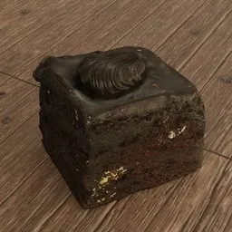 "3D scanned and optimized quad mesh of a delicious chocolate pastry cake on a wooden table, created with Blender 3D and perfect for sweet dessert projects."