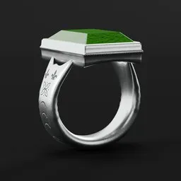 Realistic 3D model of a ornate silver ring with a large green gemstone, crafted in Blender, showcasing jewelry design.