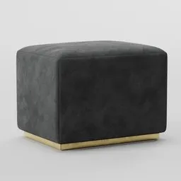 "Black velvet pouf with gold base, perfect for lounge or living room scene in Blender 3D. Square shaped and matte finish, sitting on a solid gray base. UE5 render, new release from BlenderKit's pouf collection."