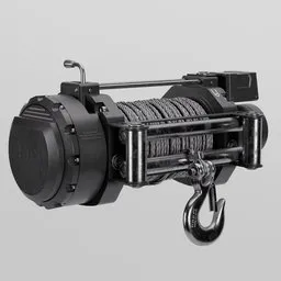 3D winch model with customizable geo nodes for vehicle integration, high detail, cable and hook included.
