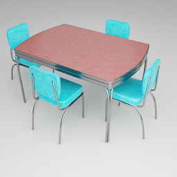 Vintage-style 3D Blender model of a pink Formica dinette table with turquoise chairs showing wear and tear.