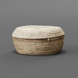 "Lowpoly 3D scanned model of a Hopi Basket, also known as Snake Basket, created with Blender 3D software. The basket is made of hemp and features a lid, resting on a gray surface. Perfect for use in video game assets or other 3D modeling projects."