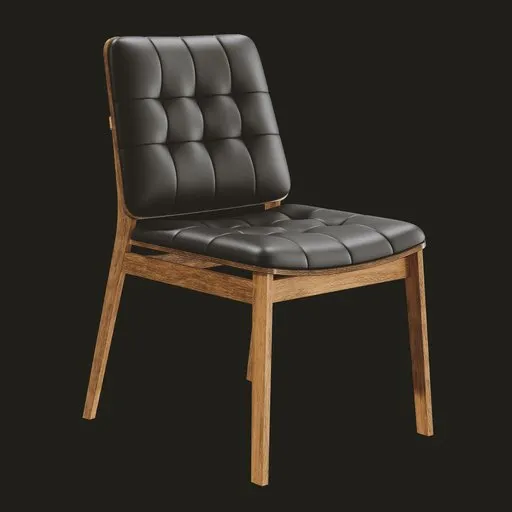 3D model of a tufted back chair with walnut finish and black cushions, showcasing classic design with modern elements.