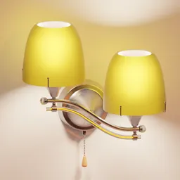 "Yellow metallic lamp - a stunning wall light for Blender 3D bedroom designs, featuring a glassy and metallic design with a chain switch. Enhance your rendering with this stylish, toon-rendered keyshot depicting a brightly lit room. Created by Mym Tuma in Blender 3D, this meticulously crafted model offers a realistic rendering option for your projects."
