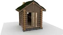 Rustic log cabin 3D model with moss-covered roof, designed for Blender.