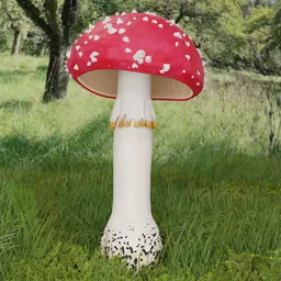 "Hyperrealistic 3D model of a red and white Amanita muscaria toadstool, inspired by the art of Leon Bakst and Murakami. Perfect for nature and fantasy scenes in Blender 3D."