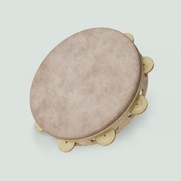 Detailed 3D model of a hand drum with cymbals, high-resolution texture, ready for Blender rendering.