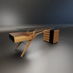 Realistic 3D model of a modern wooden desk with glass top and drawer unit, rendered in Blender.