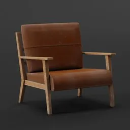 Brown leather armchair 3D model with wooden arms for Blender rendering and design visualization.