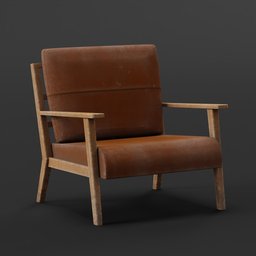 Brown leather armchair 3D model with wooden arms for Blender rendering and design visualization.