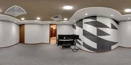 Elegant 4K HDR interior lighting showcasing a grand piano with geometric wall design.