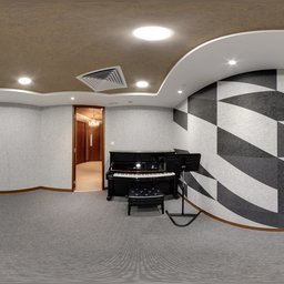 Elegant 4K HDR interior lighting showcasing a grand piano with geometric wall design.
