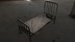Realistic 3D model of a worn-out single bed with rusted frame and stained mattress, suitable for Blender rendering.