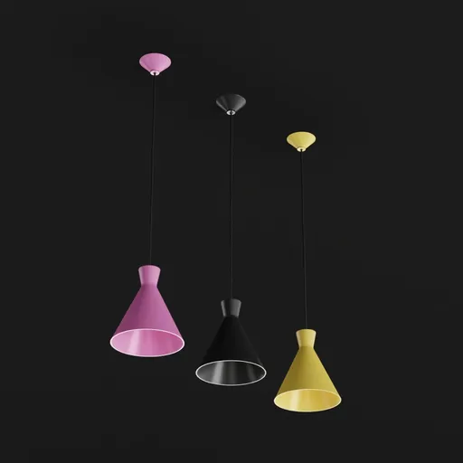Colorful 3D-rendered Blender suspension lamp models with sleek design, suspended against a dark backdrop.