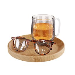 "Tea cup and glasses on a wooden cup holder - Blender 3D model for drink category. Includes a glass of tea, glasses, and a tray. Perfect for adding realism to your 3D scenes."