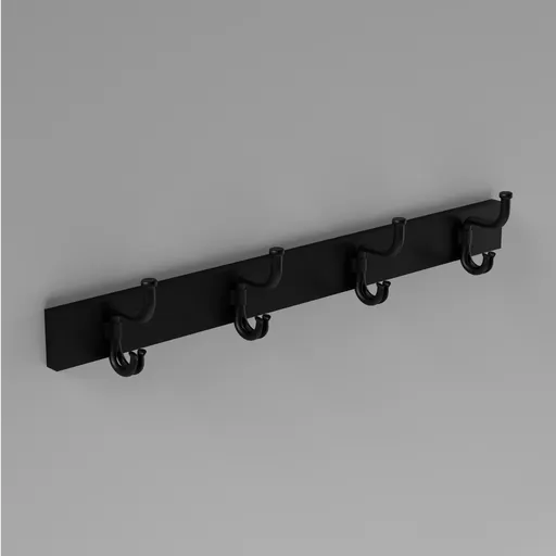 3D-rendered black coat rack with hooks, minimalist design, model for Blender wardrobe accessories.