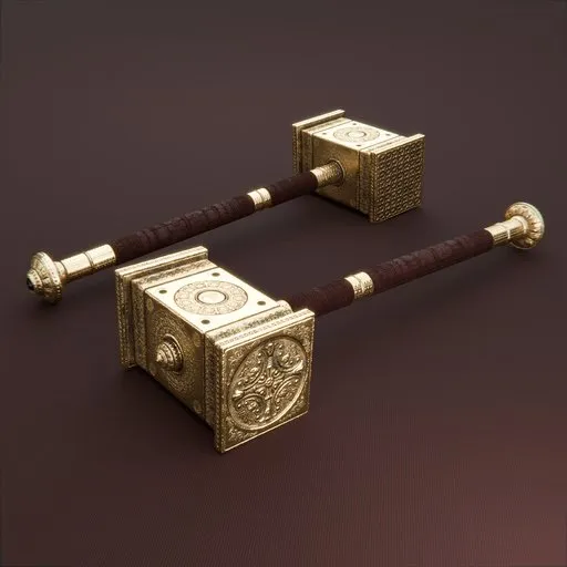 Detailed 3D rendered gold mace with emerald inlays and leather grip, made in Blender, zBrush, Substance Painter.