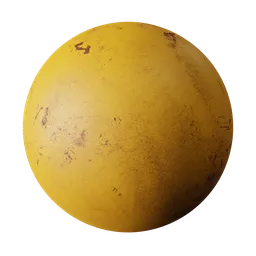 Textured yellow rusted metal PBR material for 3D modeling in Blender, featuring realistic grunge and scratch details.