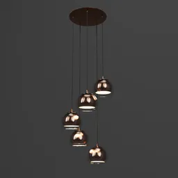 "Modern copper and glass ceiling light, featuring five stylish pendants. Perfect for interior scenes. 3D model available for Blender 3D."