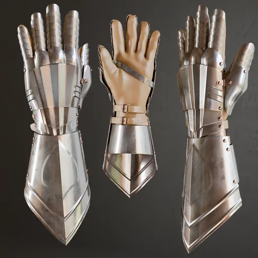 Detailed 3D model of gauntlet designed with high-quality metal materials and anatomical accuracy, ready for subdivision in Blender.