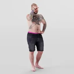 3D Blender model of a tattooed man in shorts shielding eyes, poised in a beach-ready stance.