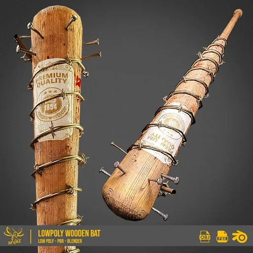 Detailed lowpoly 3D baseball bat with PBR texture and quad topology for Blender, suitable for extreme scenes.