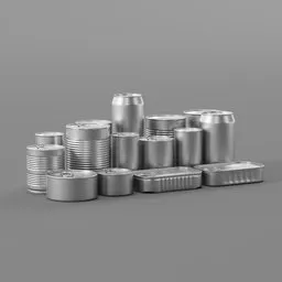 Alt Text: "High-quality collection of Blender 3D models featuring canned goods and drinks. This 3D model offers close-up details with stacked cans, a monochrome design, and is ideal for isometric game assets. The quad-based model includes a UV unwrap and is ready for use in Blender 3D software."