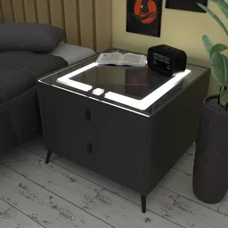 3D model of a modern bedside cabinet with LED lighting, rendered in Blender, showcasing sleek design and grey textures.