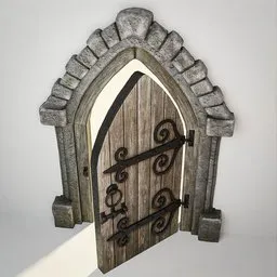 Low-poly 3D Blender model of a gothic-style wooden door with PBR textures and ornate iron hinges, ideal for historical scenes.