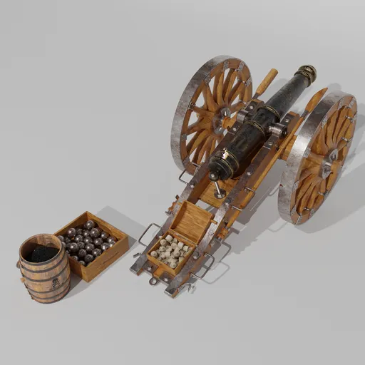 Detailed Civil War era cannon 3D model with ammunition, Blender compatible, animate-able parts, no insignia.
