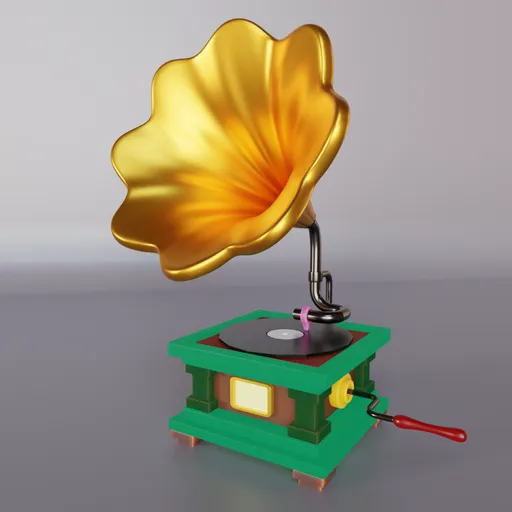 Detailed 3D model of a gramophone with a shiny horn, perfect for Blender animation projects.