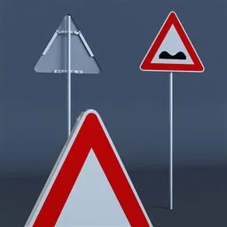 "Blender 3D model of a danger road sign with a honeycomb texture, suited for optimizing SEO in Google image search. This communication category asset features a poor road surface ahead, complemented by reflections. Ideal for 3D modeling in Blender software."