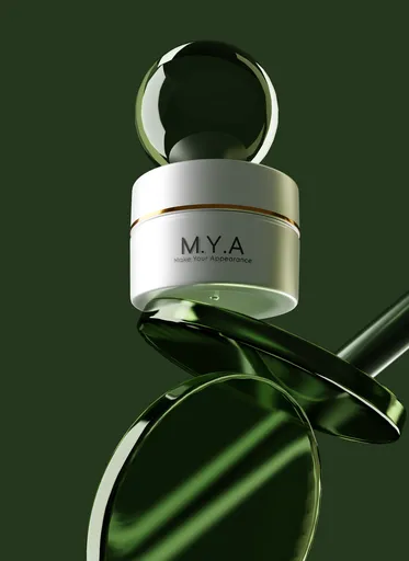Elegant 3D-rendered cosmetic jar with reflective glass elements and gold accent, showcasing Blender mockup capabilities.