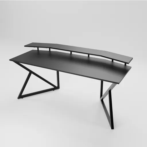 Sophisticated Blender 3D model of a modern gaming desk with monitor shelf and carbon fiber texture.