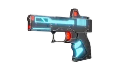 Detailed 3D model of a futuristic handgun with neon blue accents, compatible with Blender for games and productions.