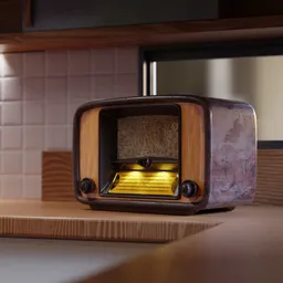 Highly detailed vintage radio 3D model with a warm glow, created in Blender, positioned on wooden surface.