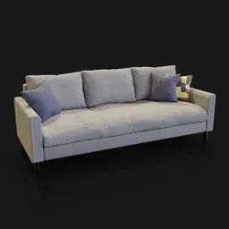 Detailed 3D model of a modern three-seater couch with cushions, compatible with Blender.