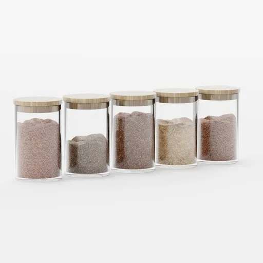 Realistic 3D glass spice jars with wooden lids for Blender, preserving aroma and freshness.