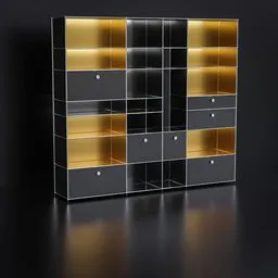 3D model of a sleek, modern shelf with illuminated sections and drawers, ideal for bedroom or office decor.