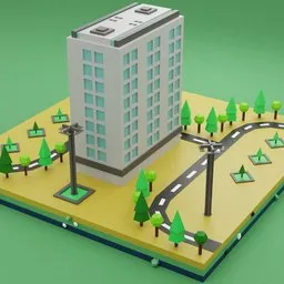 "Low-poly commercial building for Blender 3D, featuring solar power and interconnections on a green surface. Windows visible from all four sides. Ideal for creating stunning architectural designs."