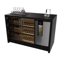 "Restaurant Bar Console: Wine Cooler with Glass Door, Vanta Black, and Wine Glass Holder inspired by Barthel Bruyn the Elder - Highly Detailed 3D Model for Blender 3D Rendering and Virtual Set Creation."