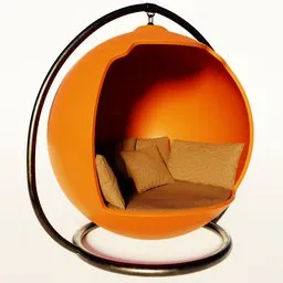 Orange hanging garden seat with plush cushions for 3D design in Blender.